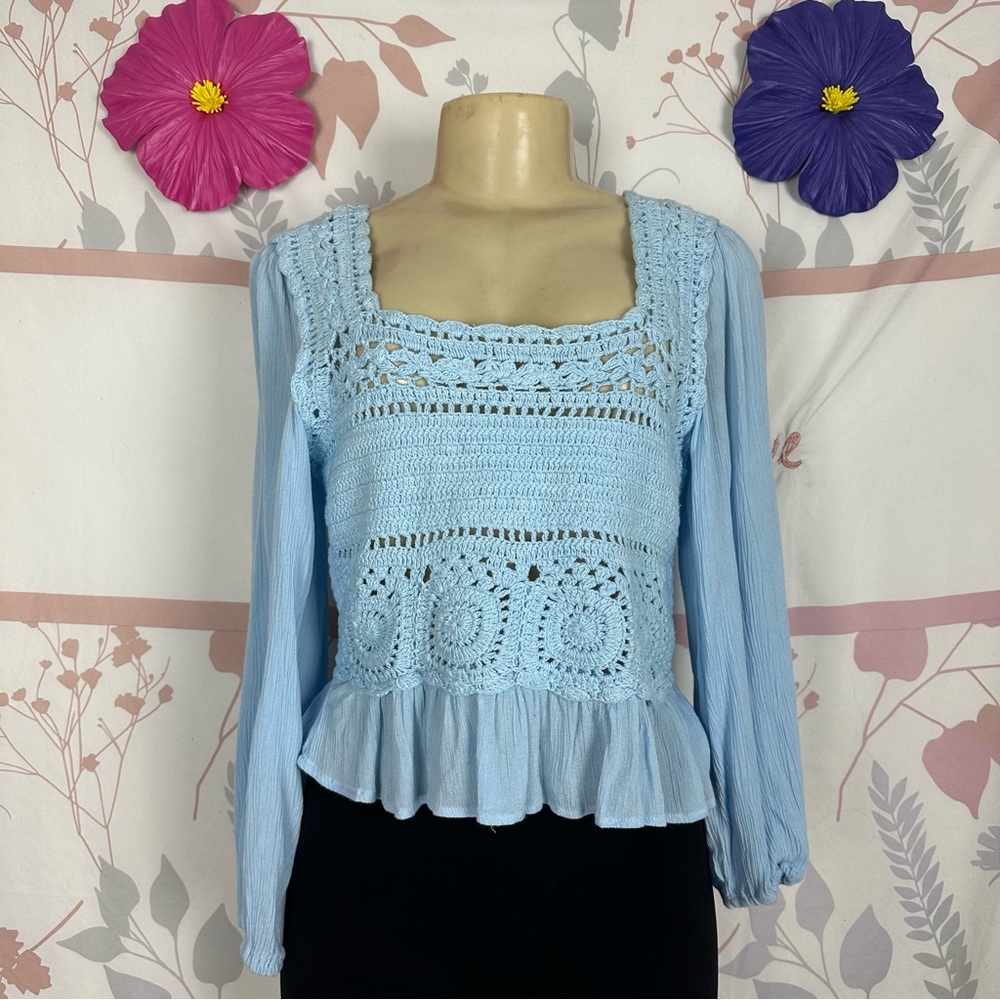 Sim &‎ Sam Crochet Lace Crop Top Light Blue Size Large